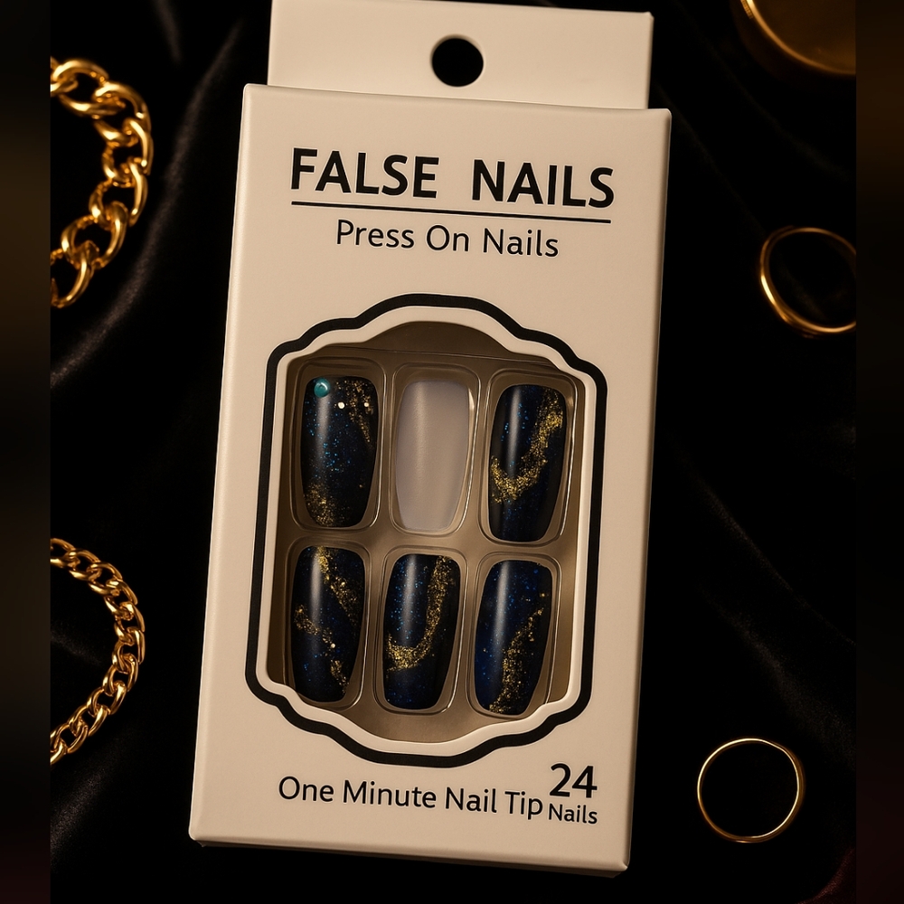 Blue and Gold Press On False Nails